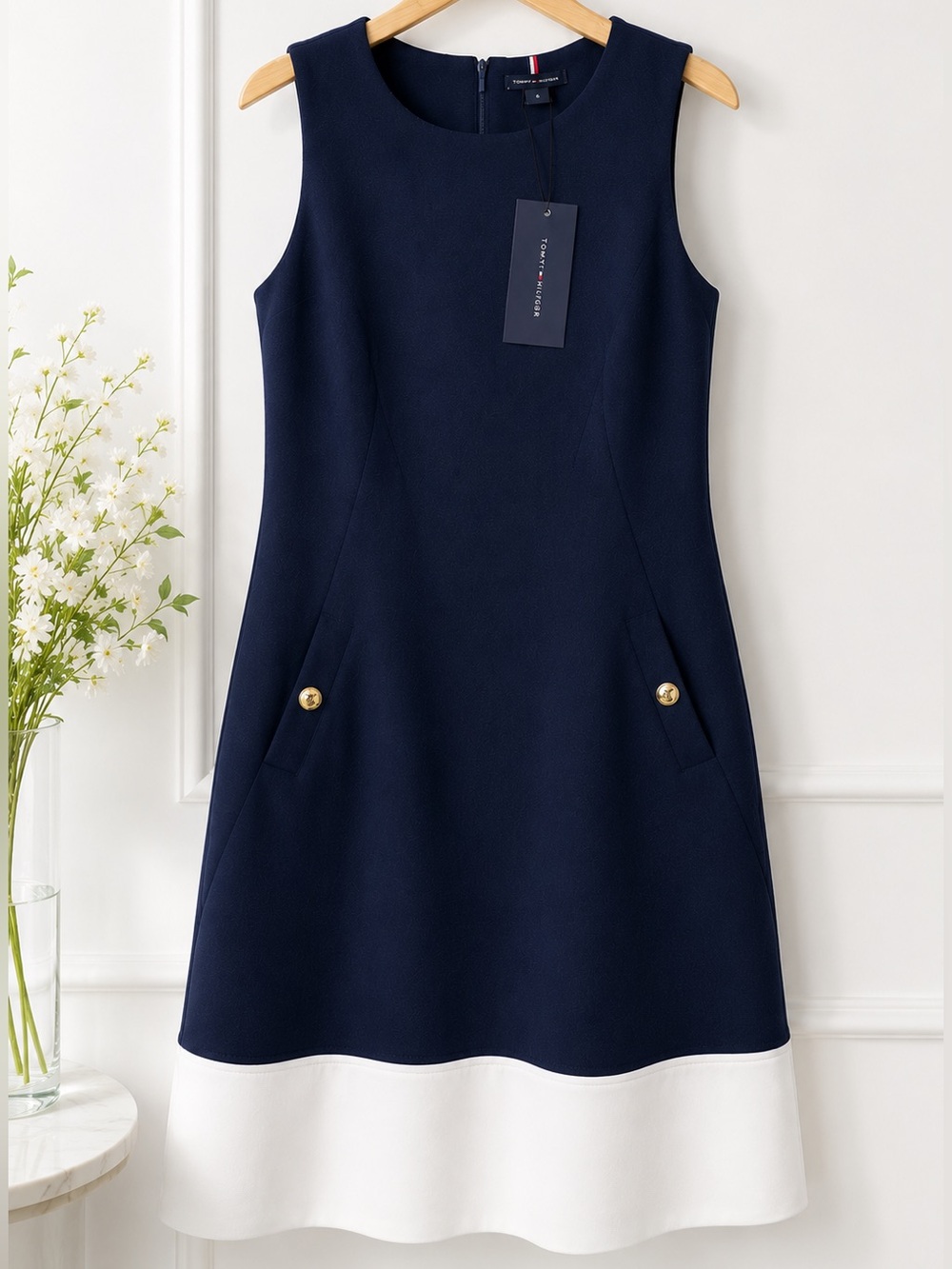 Tommy Hilfiger Navy Shift Mini Dress with White Hem Coastal chic NWT